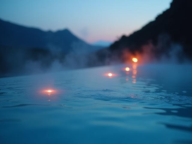 A luxury geothermal infinity pool at dusk